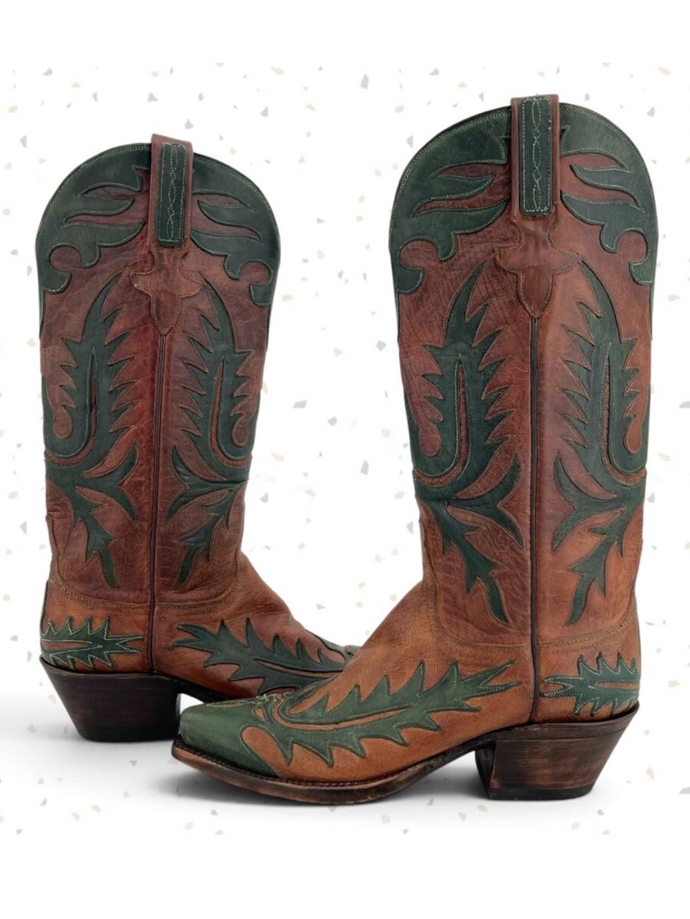 Vintage Lucchese Classics Western Boot Cowboy Green Overlay Brown Leather Size 6